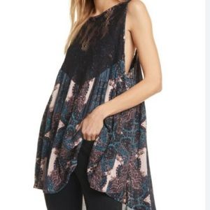 Free People Count Me In Trapeze Tank Top Black Combo Lace Paisley Boho New